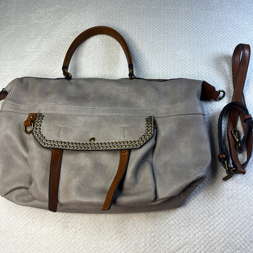 Antik Kraft Grey Studded Satchel‎ Crossbody Brown Trim Perforated Vegan Leather
